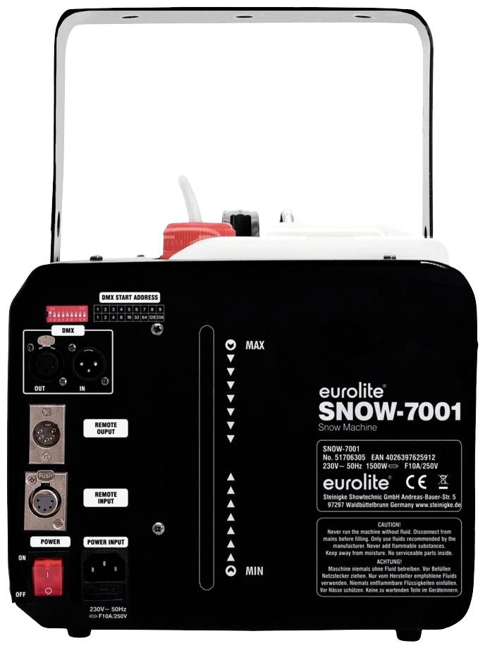 Snežni stroj Eurolite SNOW-7001 s priključki za kabel in upravljalnimi elementi, primeren za uporabo na odru ali pri prireditvah.