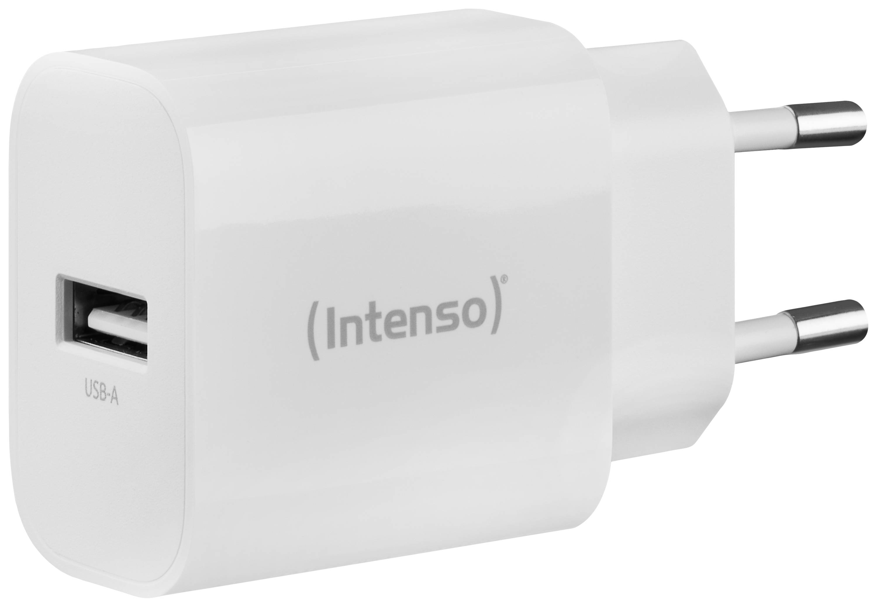Belo USB polnilec znamke 'Intenso' z evropskim vtičem in USB-A priključkom. Primeren za polnjenje elektronskih naprav.