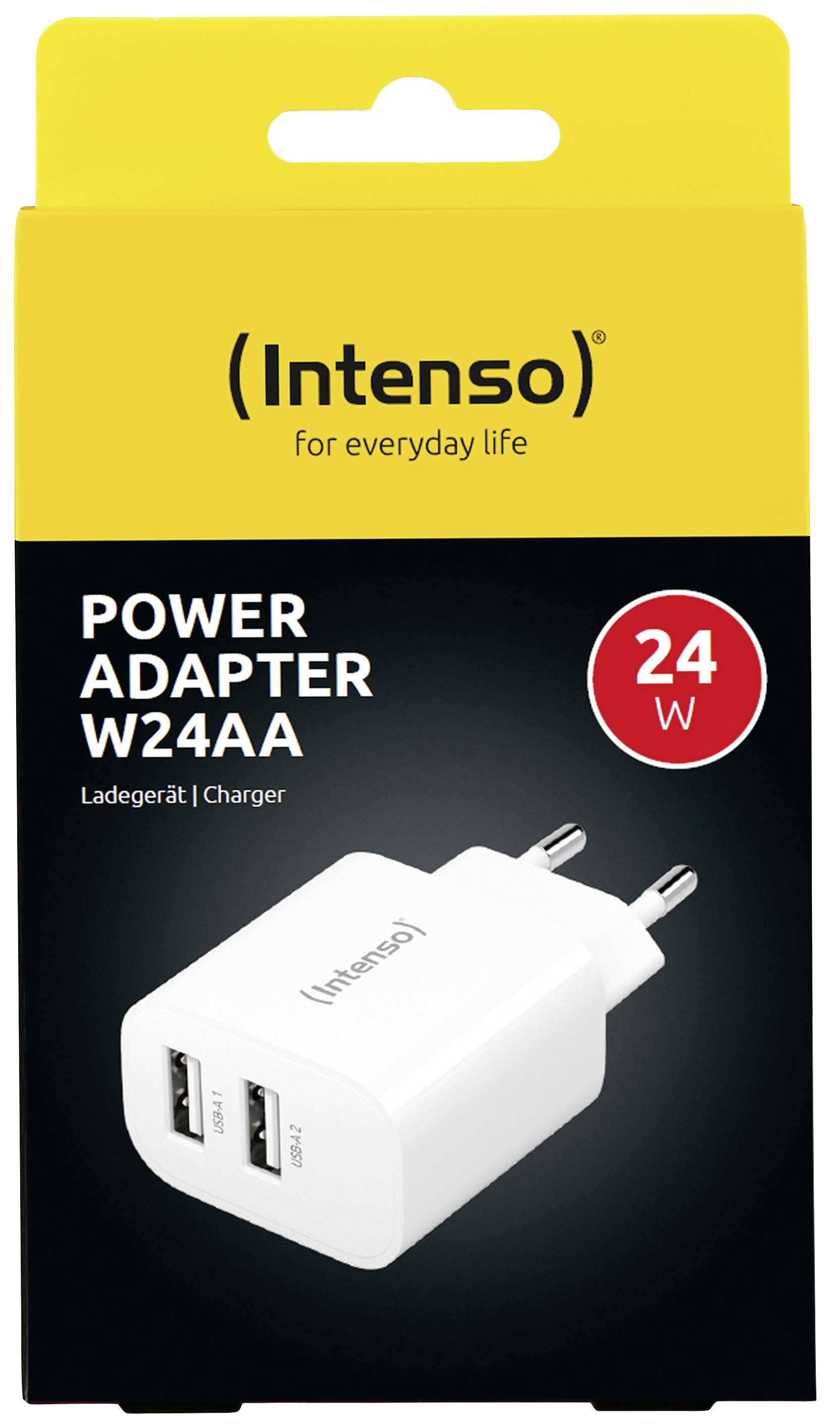 Embalaža Intenso Power adapterja W24AA z 24 W močjo, prikazuje belo polnilnik z dvema USB priključkoma.