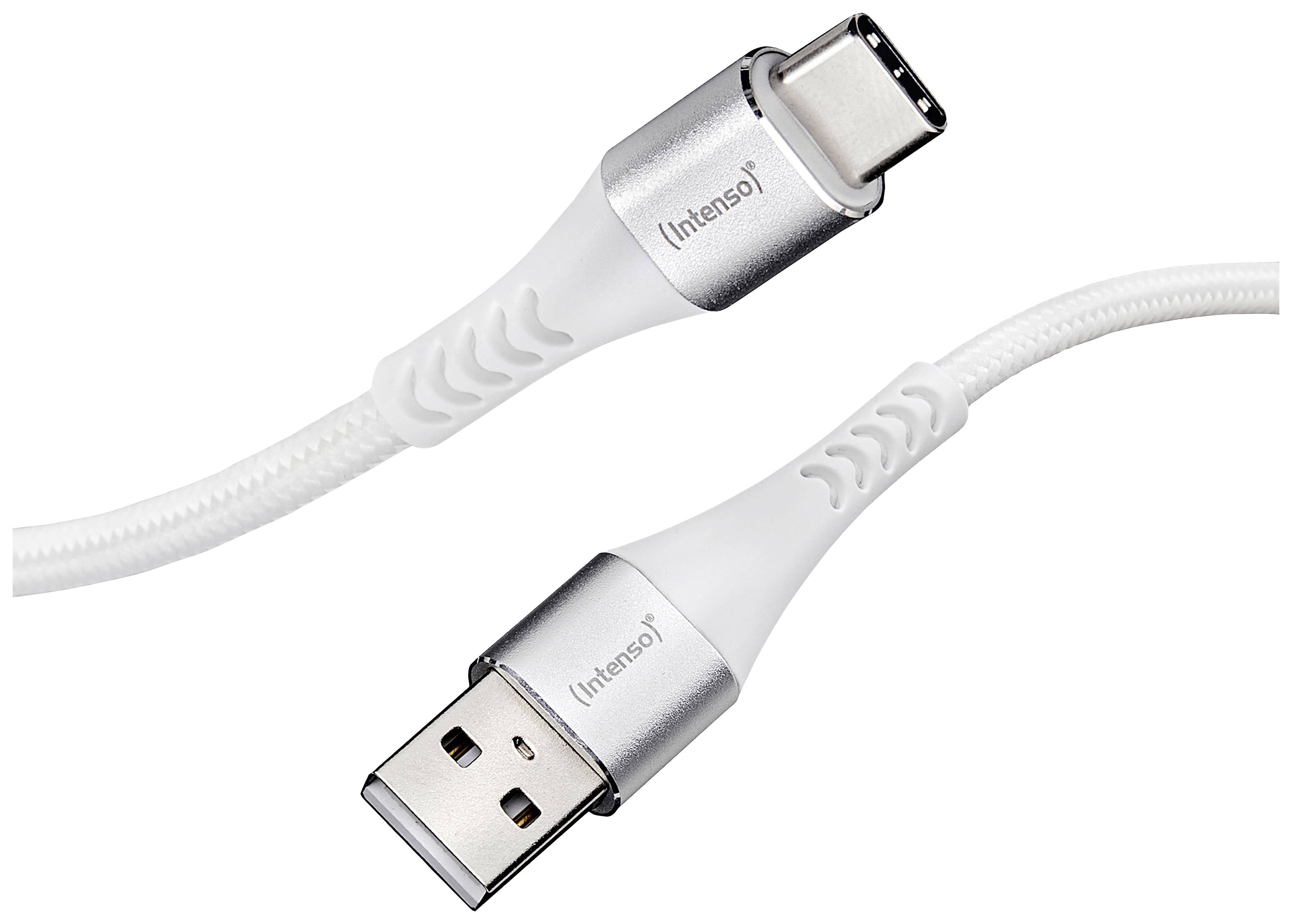 USB-A do USB-C kabel s srebrnimi priključki in belim kablom, primeren za prenos podatkov in polnjenje elektronskih naprav.