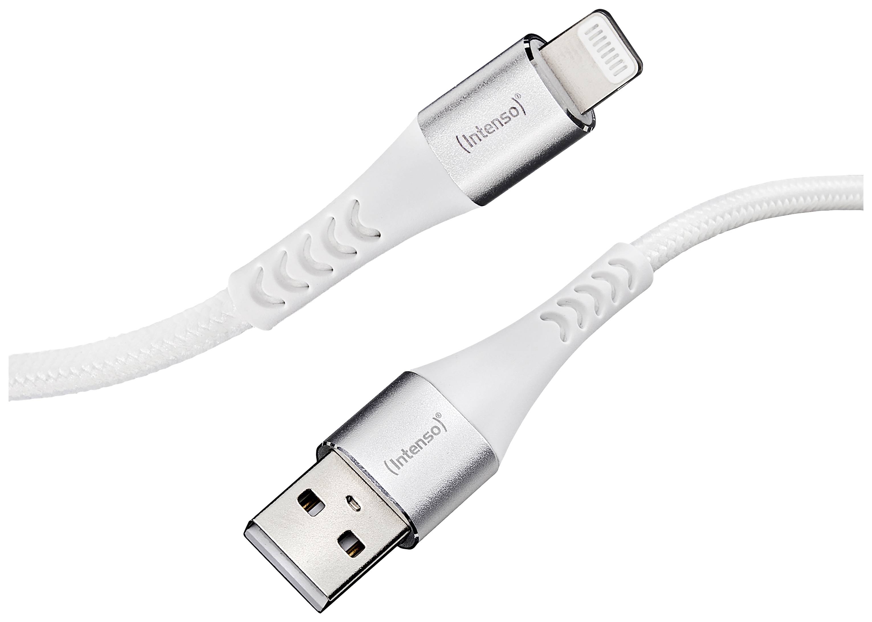 USB-Lightning kabel Intenso, belo, z ojačanim priključkom, primerno za polnjenje ali sinhronizacijo Apple naprav.
