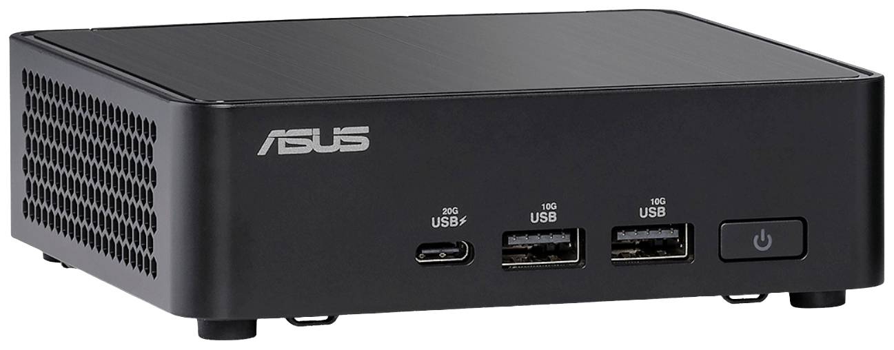 Kompakten črn mini-PC z logotipom 'ASUS' na sprednji strani, dva USB priključka in viden mrežni stikalni gumb.