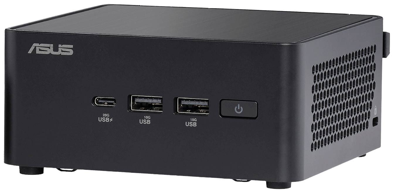 Majhen, črn računalnik z logotipom ASUS, tremi USB priključki in omrežnim stikalom spredaj.