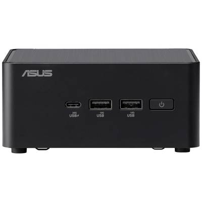 Kompakten črn računalnik z logotipom ASUS. Ima dva USB-priključka in en USB-C-priključek spredaj.
