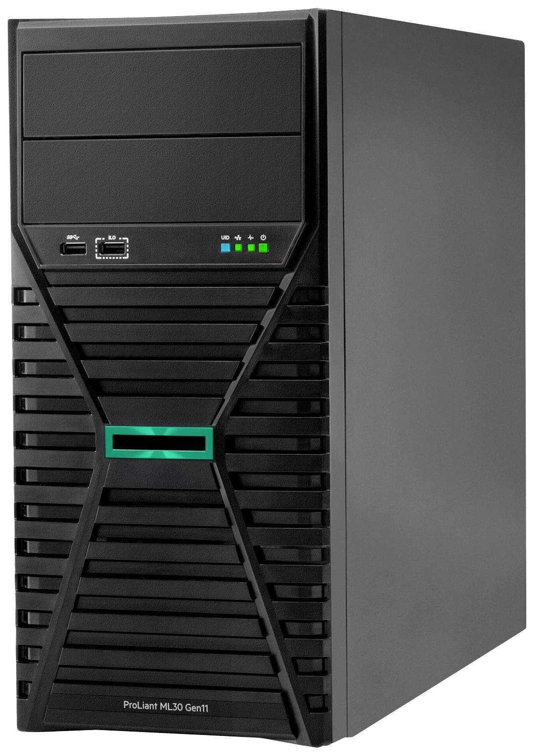 Črn računalniški tower s zelenim logotipom na sprednji strani, vidna dva USB priključka in prezračevalne reže.