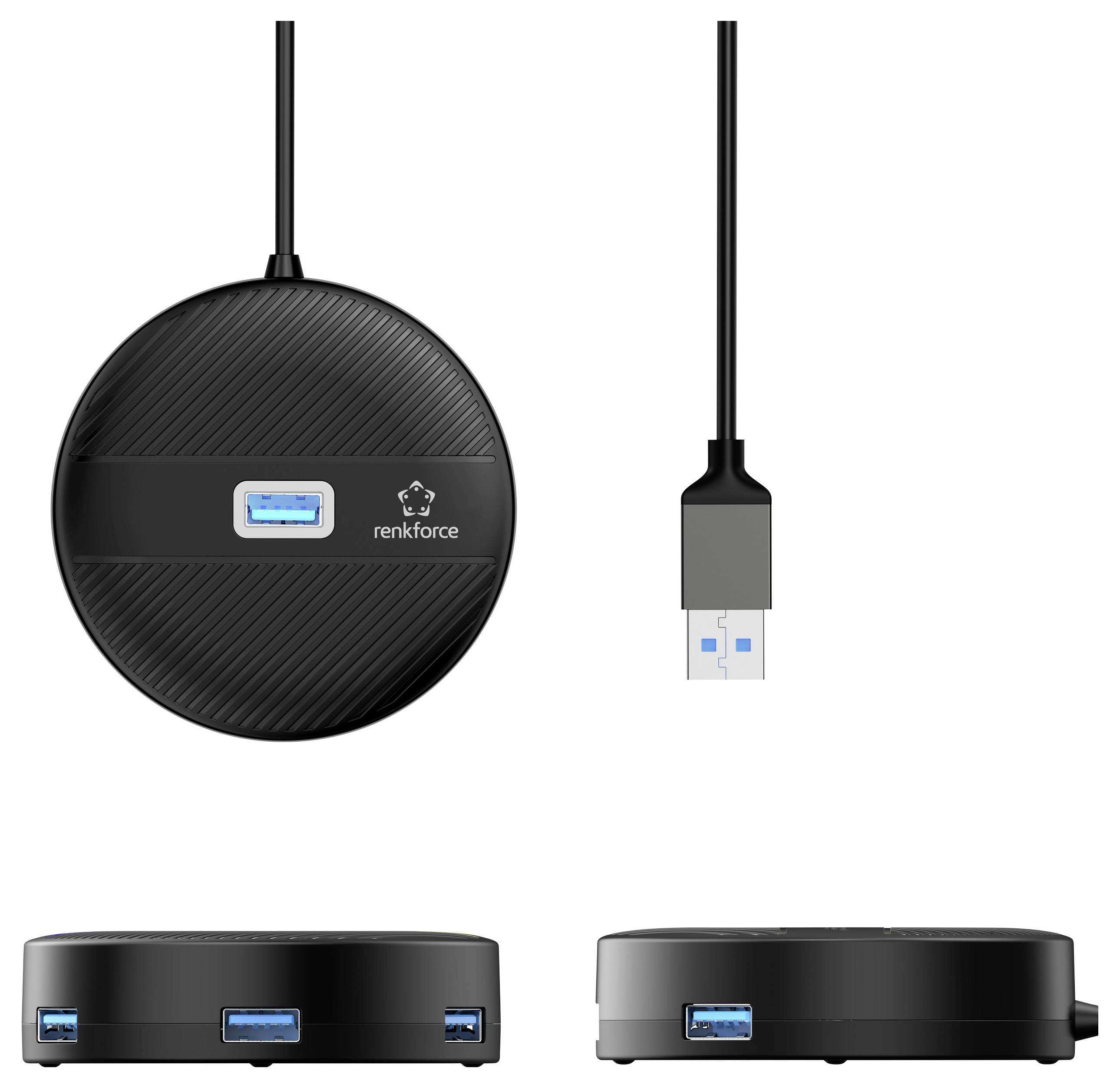 Okrogel USB-hub znamke renkforce z več priključki za USB naprave. Prikazuje pogled od spredaj in s strani. Vključuje kabel.