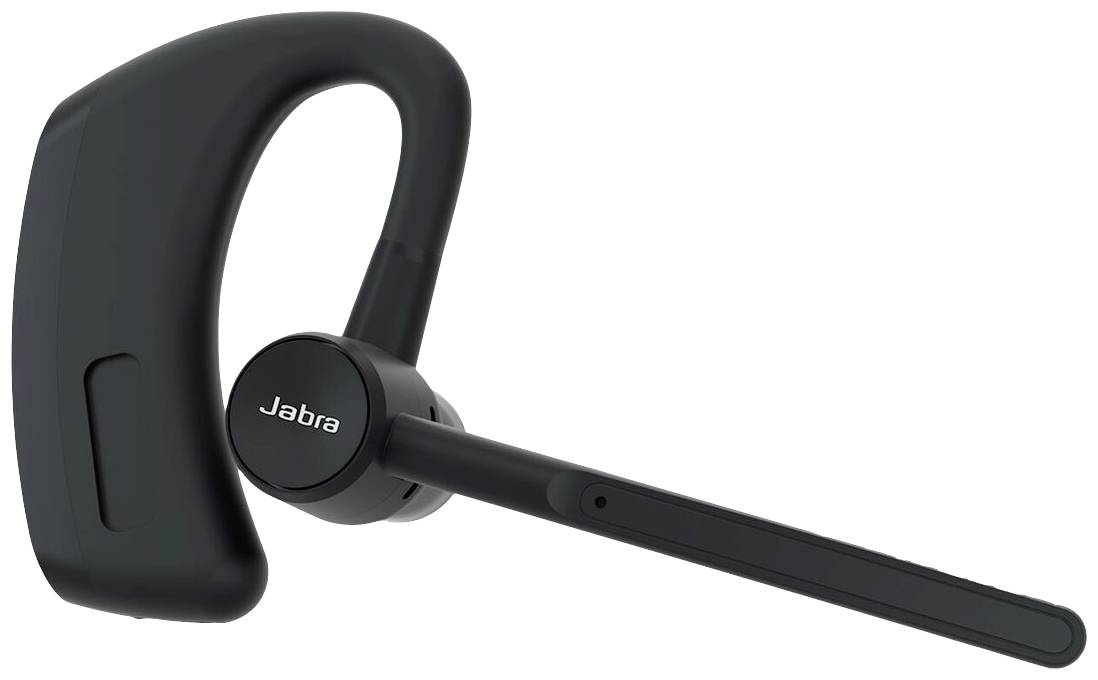Posamezna črna Bluetooth slušalka z zanko za uho in mikrofonskim krakom. Na slušalki je vtisnjen napis 'Jabra'.