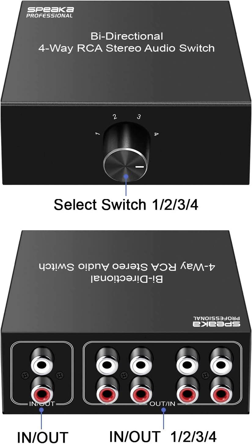 Črn 4-potni RCA stereo avdio preklopnik z obračalnim stikalom za izbiro 1/2/3/4. Zadnja stran z RCA vhodi in izhodi.