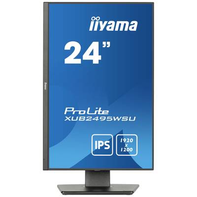 Monitor s črnim okvirjem, prikazuje 'iiyama', '24"', 'ProLite XUB2495WSU', 'IPS', '1920 x 1200' na modrem ozadju.
