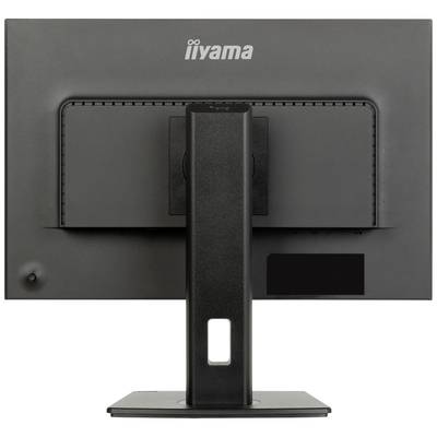 Pogled od zadaj na črn računalniški monitor na stojalu. Blagovna znamka 'iiyama' je vidna na vrhu zaslona.