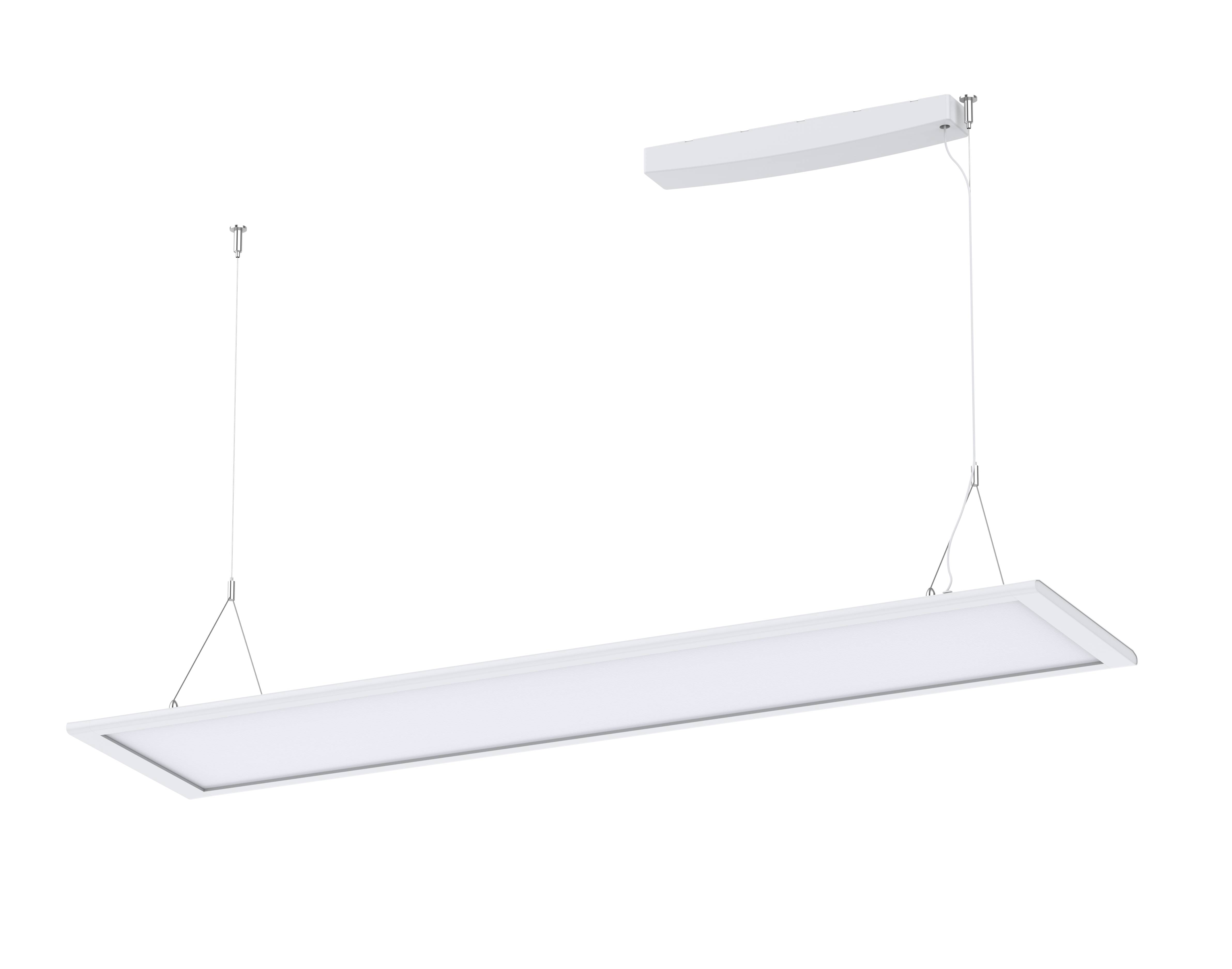 Moderna, pravokotna, bela LED viseča svetilka visi na tankih žicah pred črnim ozadjem. Minimalistični dizajn.