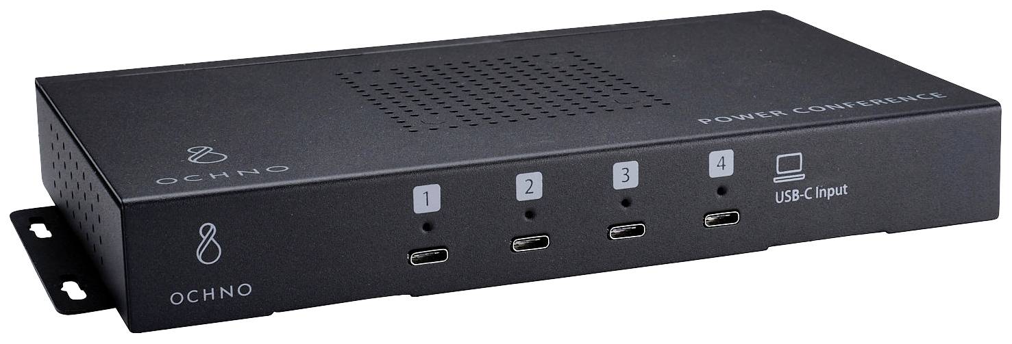Črna škatla s štirimi USB-C priključki, oštevilčenimi od 1 do 4. Desno zraven oznaka 'USB-C Input'. Blagovna znamka 'Ochno'.