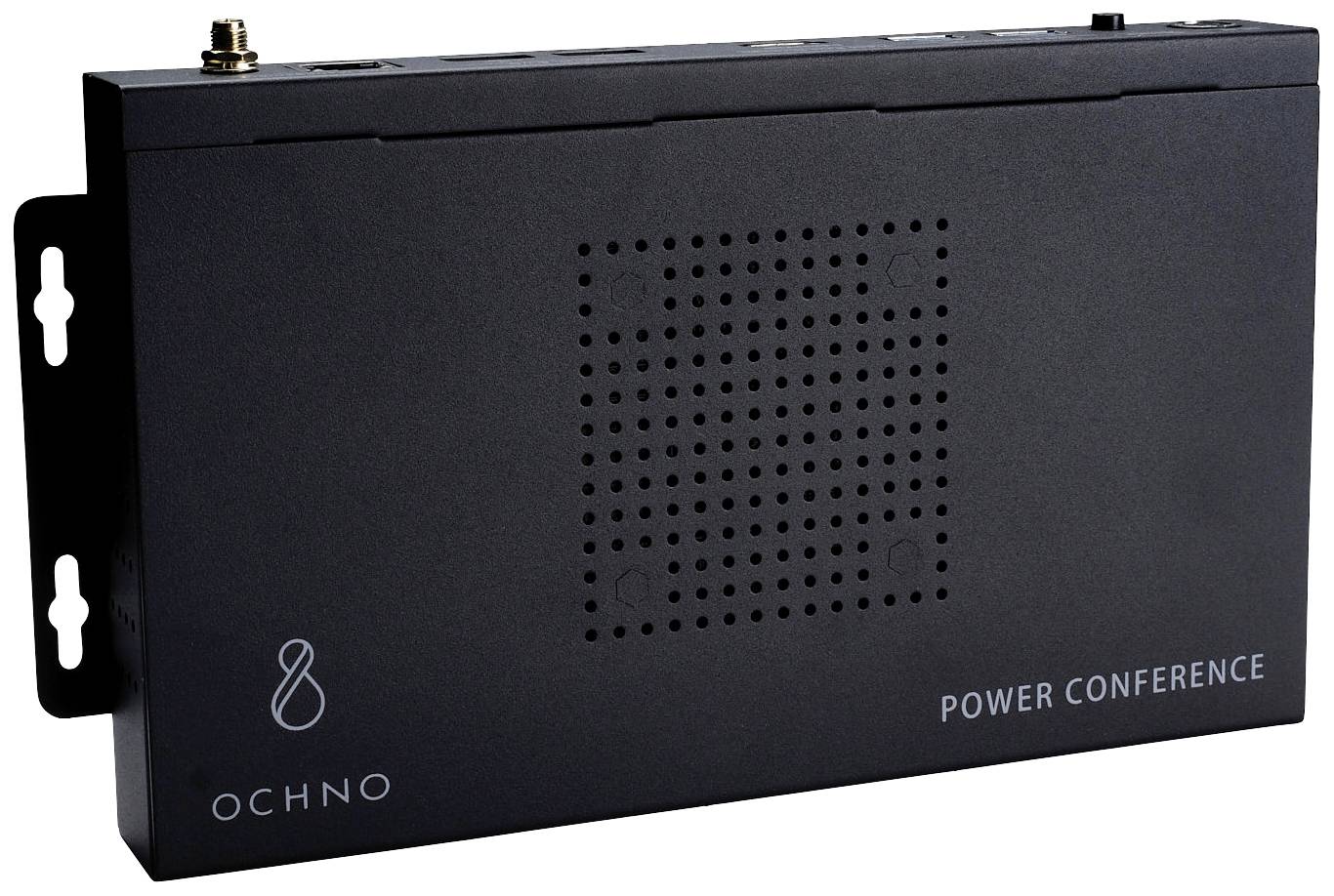 Pravokotna elektronska naprava z napisom 'Ochno Power Conference', črno ohišje, zgornja stran z prezračevalnimi režami.