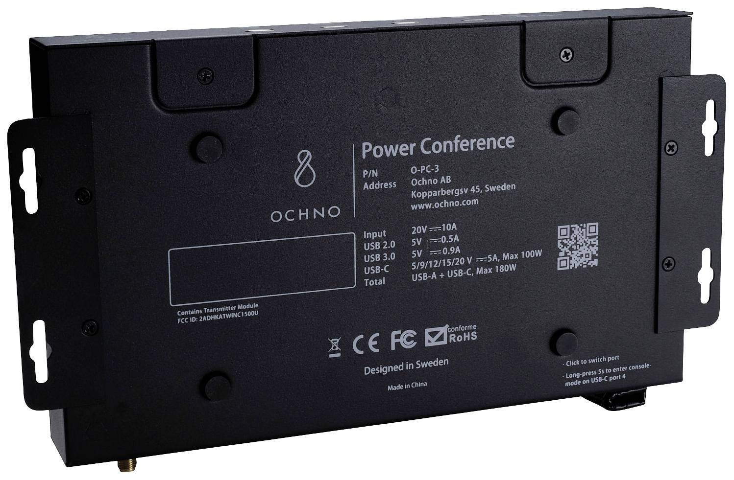 Črni modul z napisom 'Power Conference' vsebuje tehnične specifikacije ter simbole za certifikate in priključke.