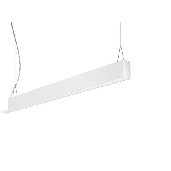 Bela pravokotna viseča svetilka, pritrjena na stropu z dvema obešalnima vrvema. Minimalistični dizajn, primeren za moderne prostore.
