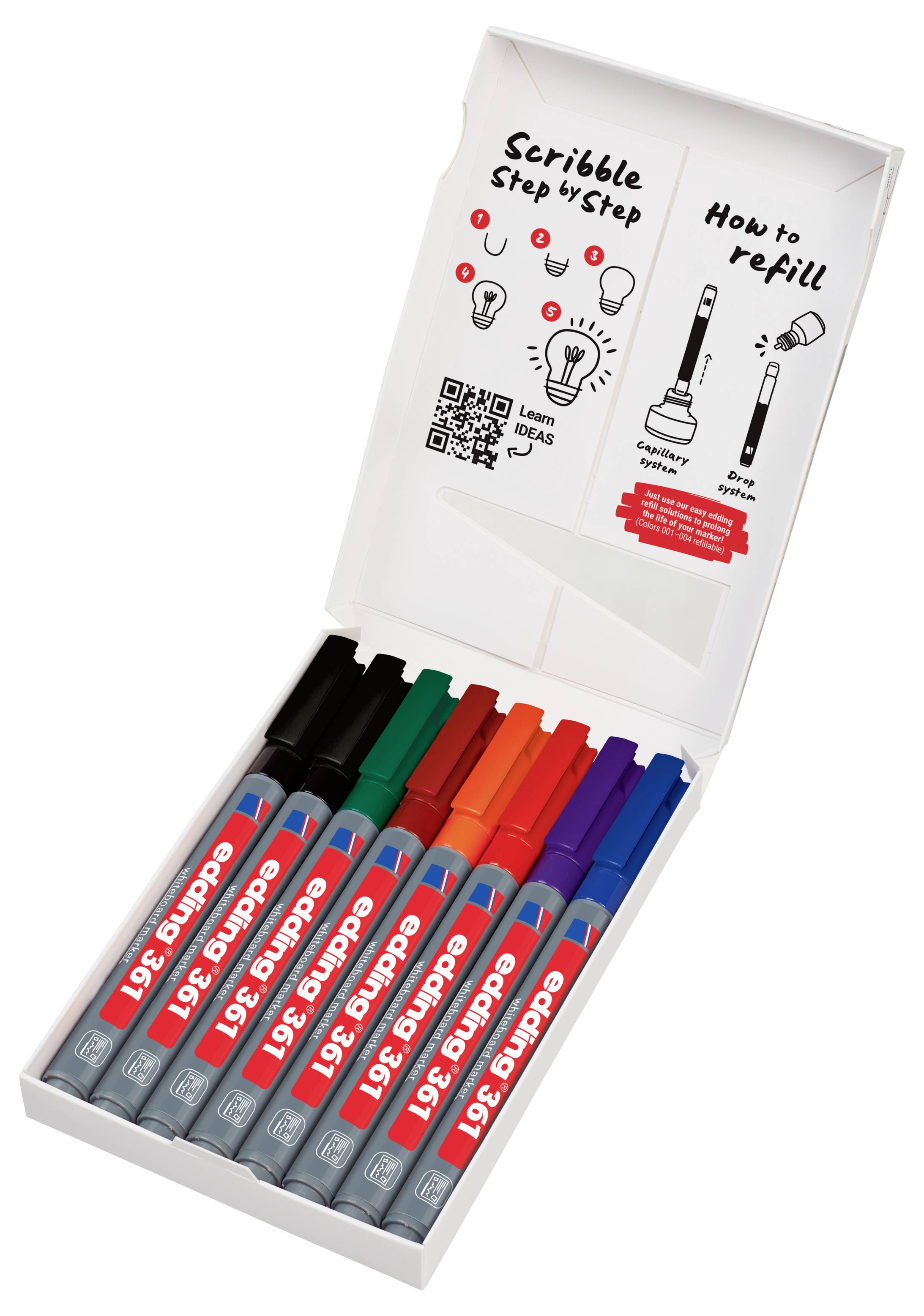 Odprta škatla pisanih polnljivih markerjev s priloženim navodilom "Scribble Step by Step" in "Kako polniti" na notranji strani pokrova.