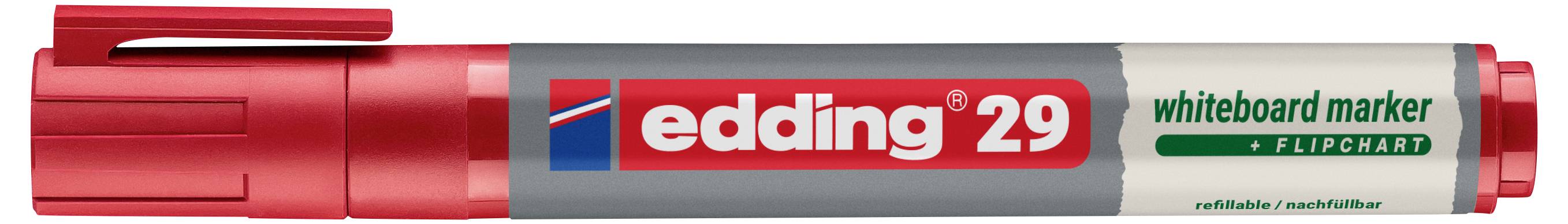 Rdeč marker za bele table z oznako "edding 29" z zelenim napisom "whiteboard marker" na cevi.