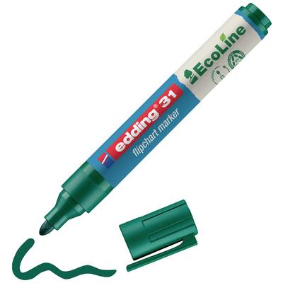 Zeleni Edding 31 flipchart marker iz serije EcoLine, ležeč s snetim pokrovčkom in narisano zeleno črto.