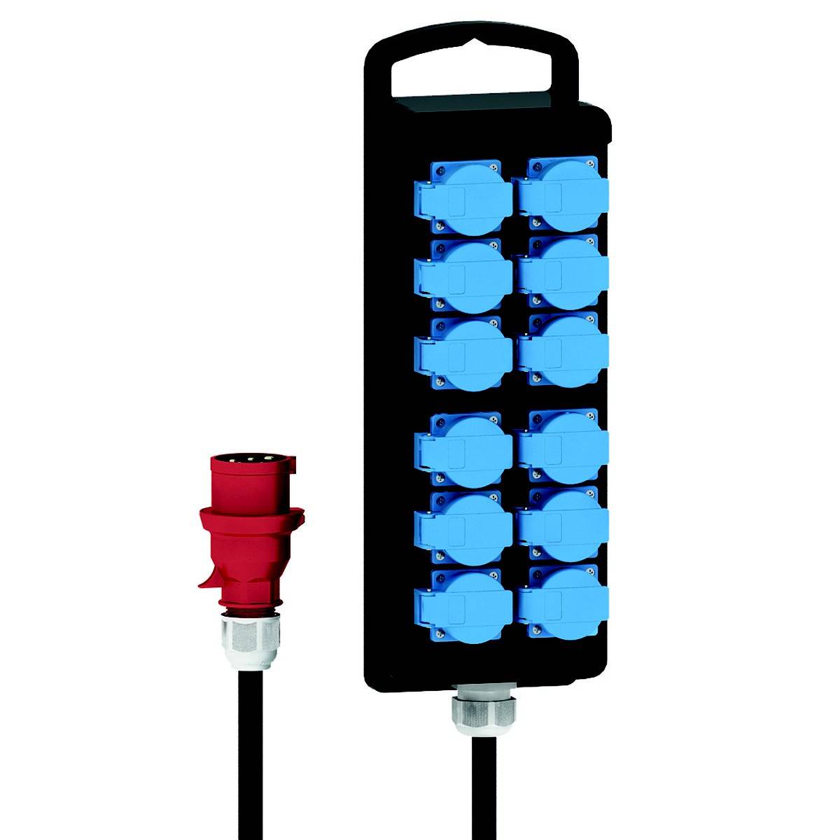 Črna podaljšana vtičnica z десетimi modrimi vtičnicami in rdečim električnim vtičem na črnem kablu.