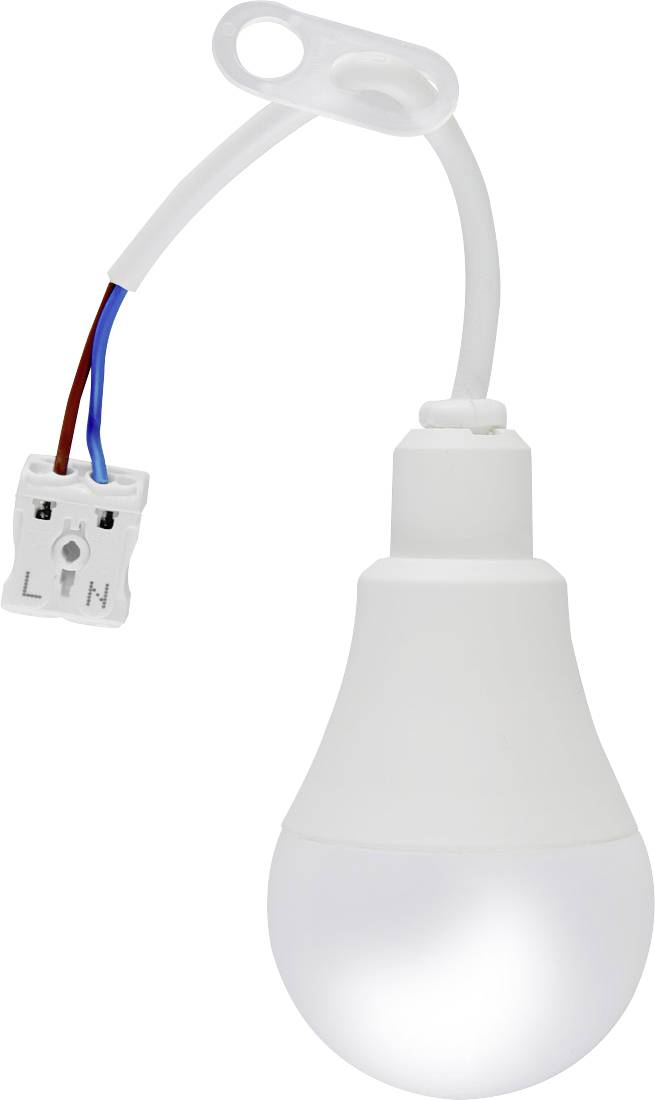 Bela LED-svetilka s priključenim kablom in vtičem, primerna za notranjo razsvetljavo.