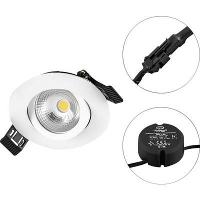 LED-stropna vgradna svetilka: Belo ohišje, okroglo, nagibno. Detaljni pogledi: Priključni kabel in transformator s tehničnimi specifikacijami.