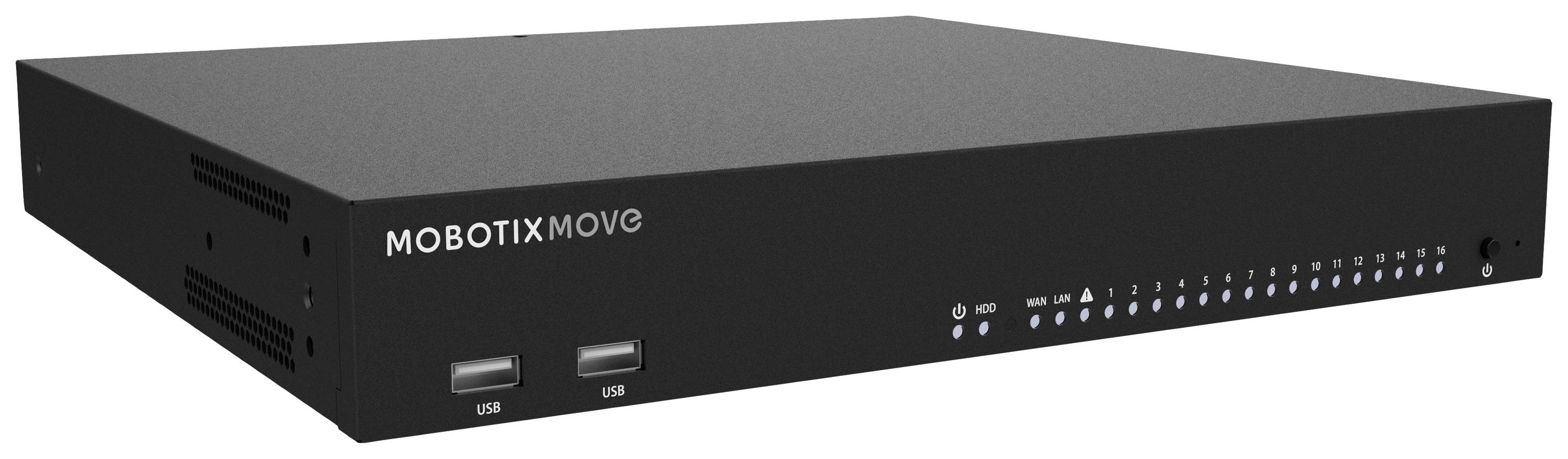 Črn Mobotix Move snemalnik z več USB priključki in svetlečimi kontrolnimi lučkami na sprednji strani.