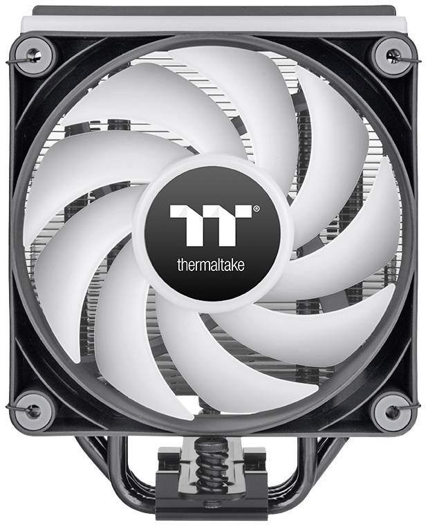 Bel PC CPU hladilnik s črnim okvirjem in osrednjim logotipom blagovne znamke Thermaltake, prikazan od spredaj.