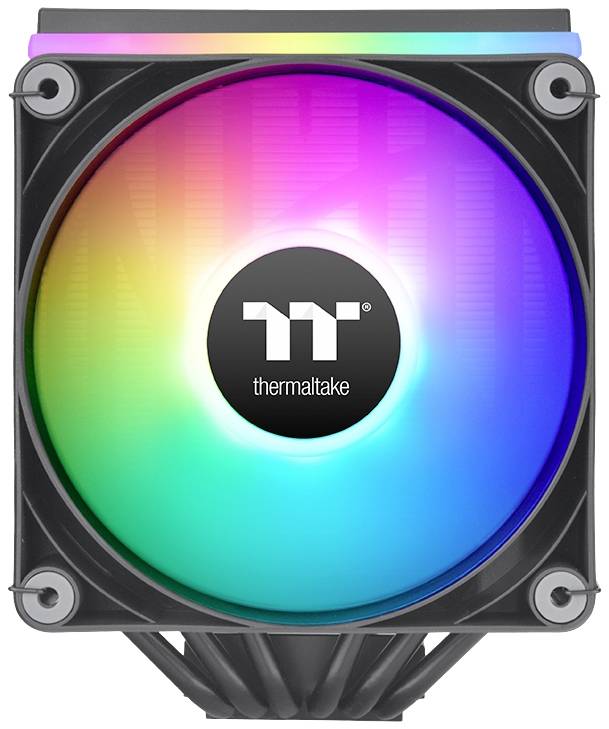 Termalni Thermaltake ventilator z osvetljenim RGB LED obročem, ki prikazuje različne barve.