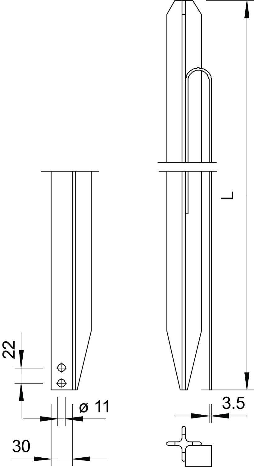 Tehnični načrt zemeljske sidnice z dimenzijami: celotna dolžina L, premer 11 mm, širina 22 mm, višina 30 mm, debelina 3,5 mm.