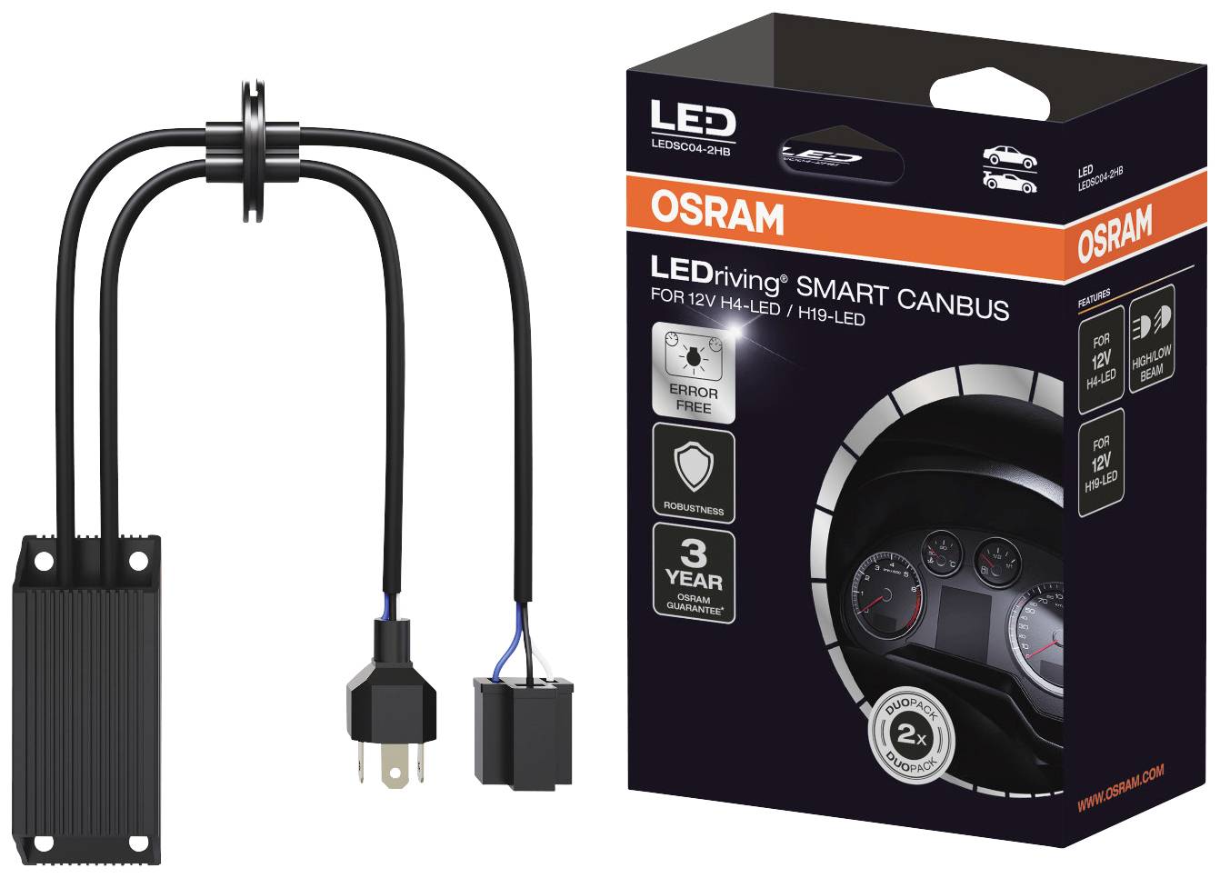 LED-komplet osvetlitve za avtomobile znamke OSRAM, vključuje CANbus adapter in embalažo s prikazom merilnika hitrosti, 3-letna garancija.