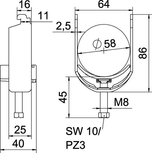 'Tehnična risba sklopa z merami. Glavni disk zaprt pri 86 mm, premer luknje 58 mm, SW 10/PZ3.'