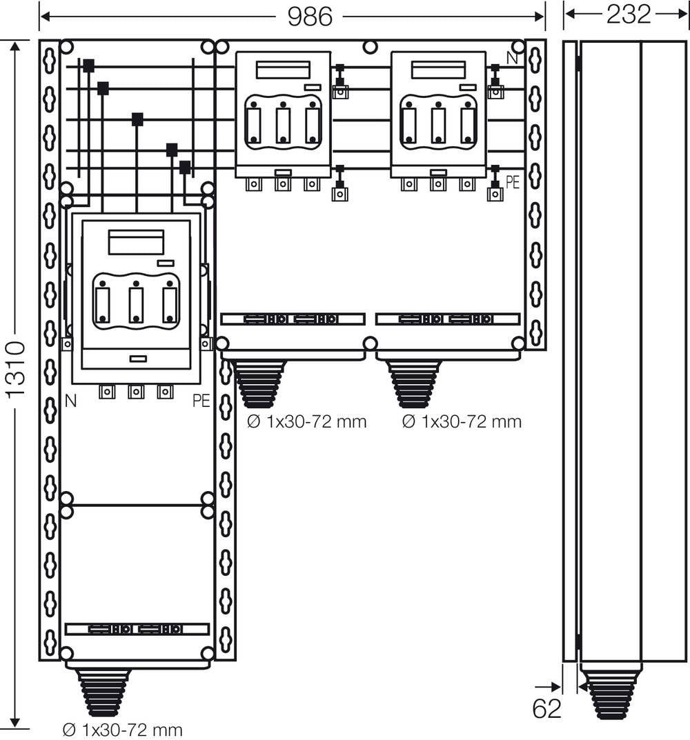 Tehnična risba elektro omarice z dimenzijami 986x1310 mm. Prikazana so priključna polja in varnostne komponente.