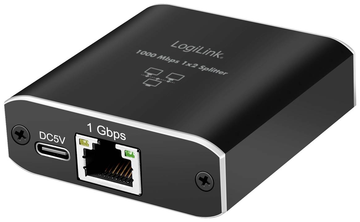 Črn LogiLink omrežni razdelilnik s prenosno hitrostjo 1000 Mbps z ethernet priključkom in USB-C priključkom. Modelna številka in ime proizvajalca sta vidni.