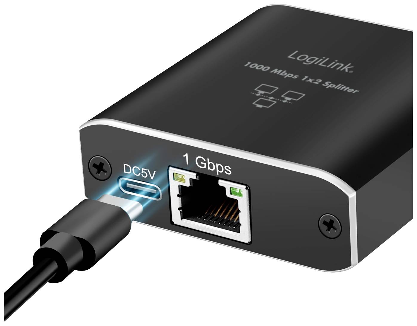 USB-C omrežni adapter z RJ45 Ethernet priključkom in DC5V napajanjem. Napis: '1 Gbps, LogiLink'.