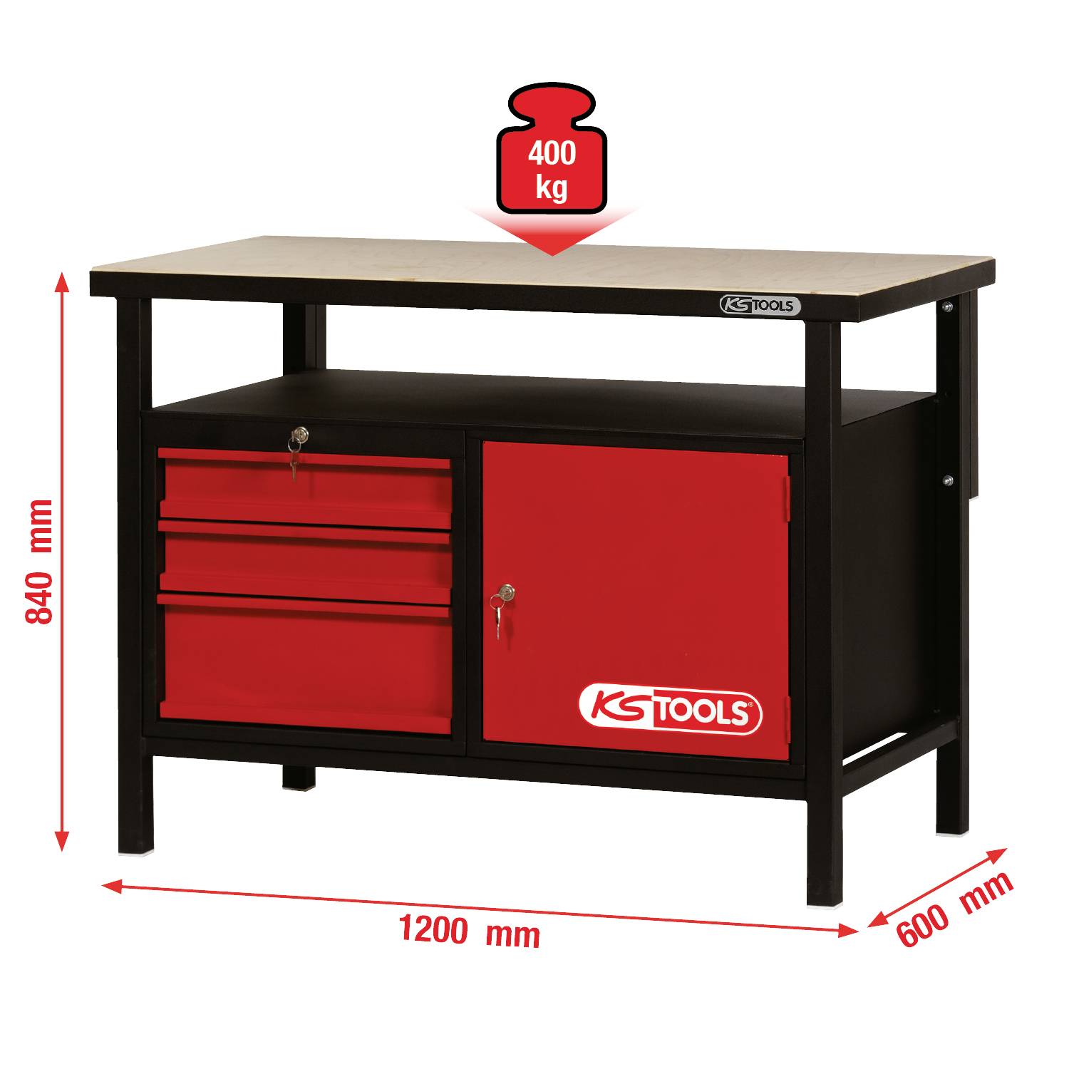 'Delovni mizi znamke KS Tools, mere: 1200x600x840 mm, nosilnost do 400 kg. Vsebuje dve predali in omaro z možnostjo zaklepanja.'