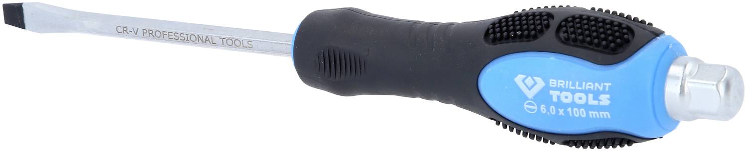 Ploščat izvijač z modro-črnim ročajem, oznaka 'Brilliant Tools CR-V Professional Tools', 6 x 100 mm.