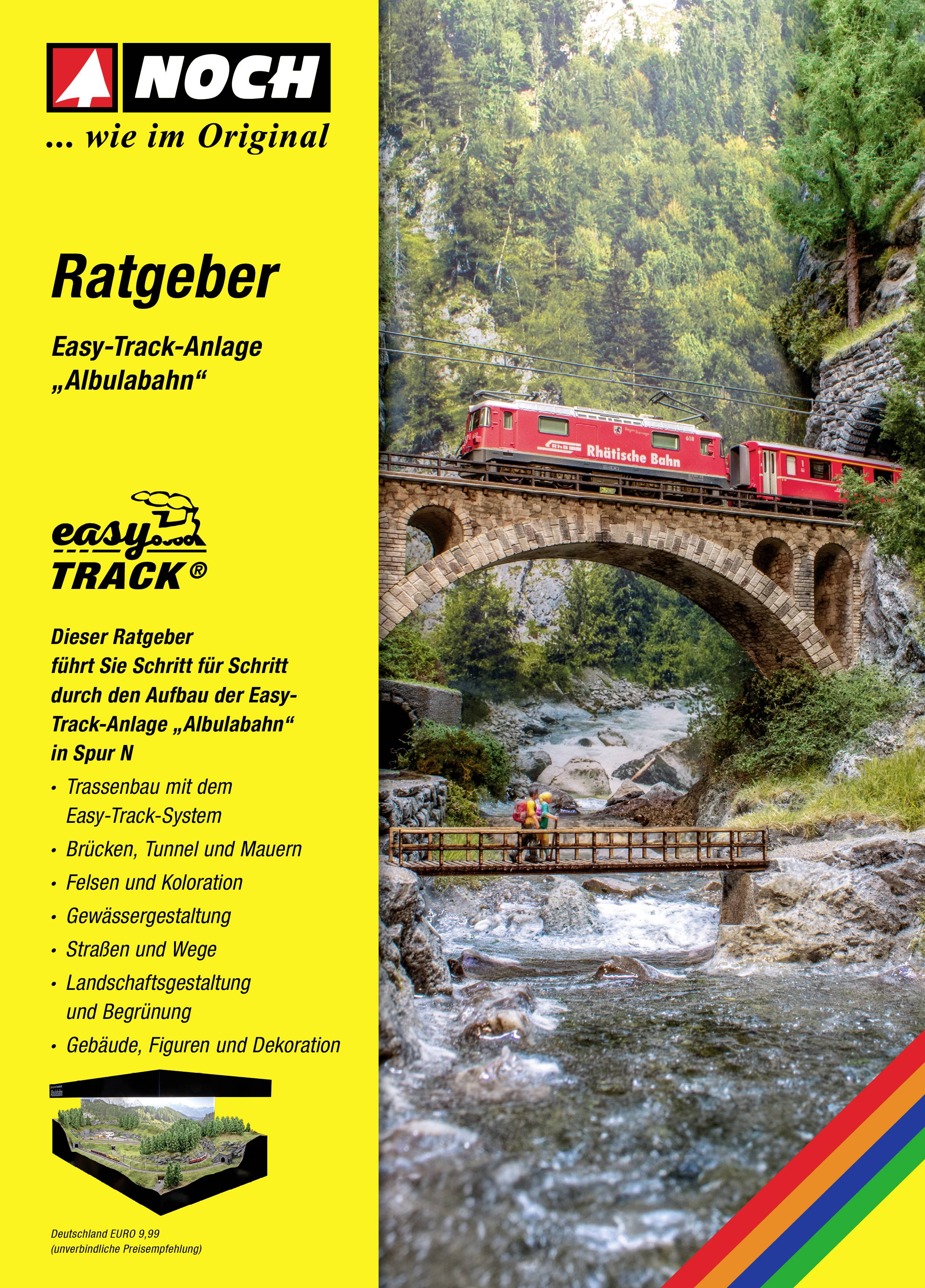 Rdeči vlak vozi čez kamniti most v goratem pokrajini. Ob njem besedilo: 'Priročnik za Easy-Track-progo 'Albulabahn'' in dodatne podrobnosti.