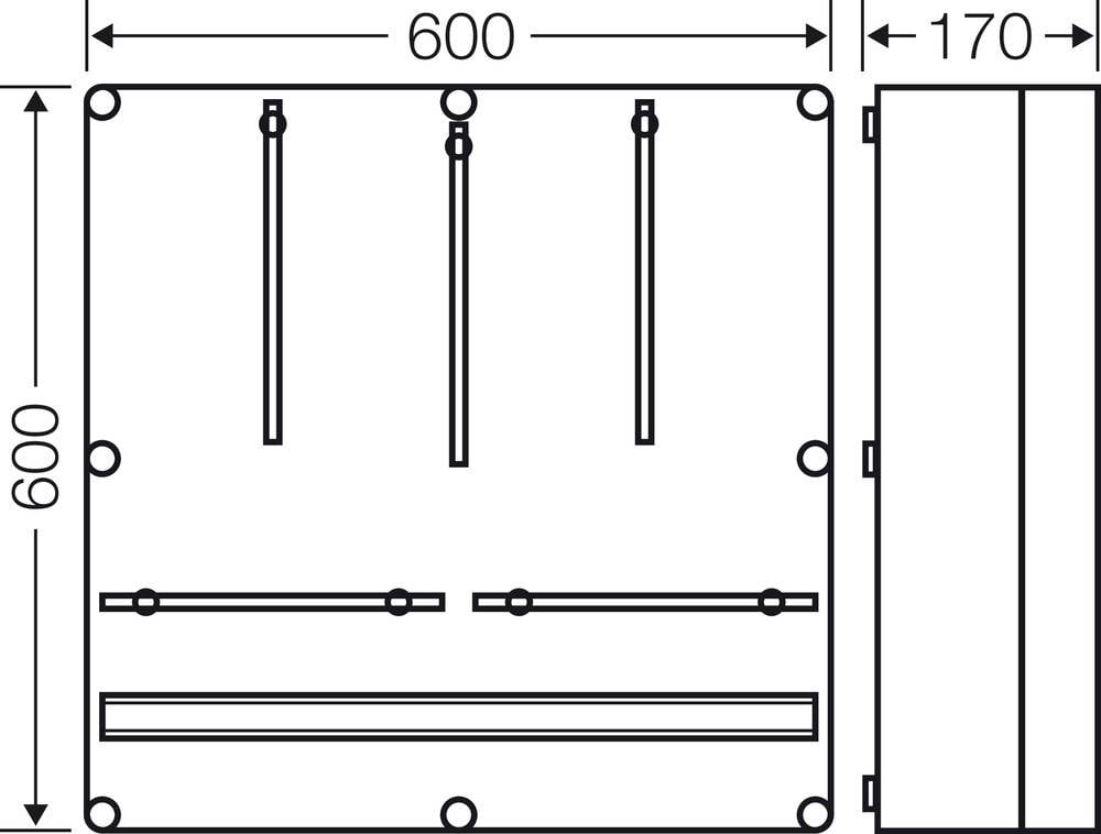 Tehnična risba pravokotne škatle z dimenzijami 600 x 600 x 170 mm. Vsebuje oznake za montažne točke.
