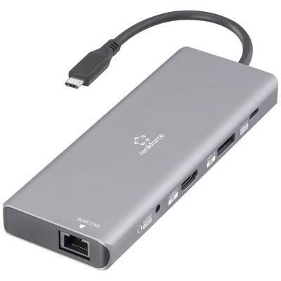 Siv USB-C-vozlišče z več priključki, vključno z HDMI, USB-A in ethernet priključkom, označen z 'renkforce'.