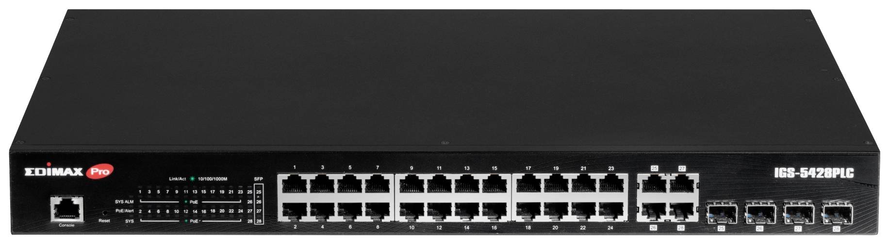 Mrežno stikalo s 24 ethernetnimi vrati in več optičnimi priključki, primerno za upravljanje domačih ali poslovnih omrežij.