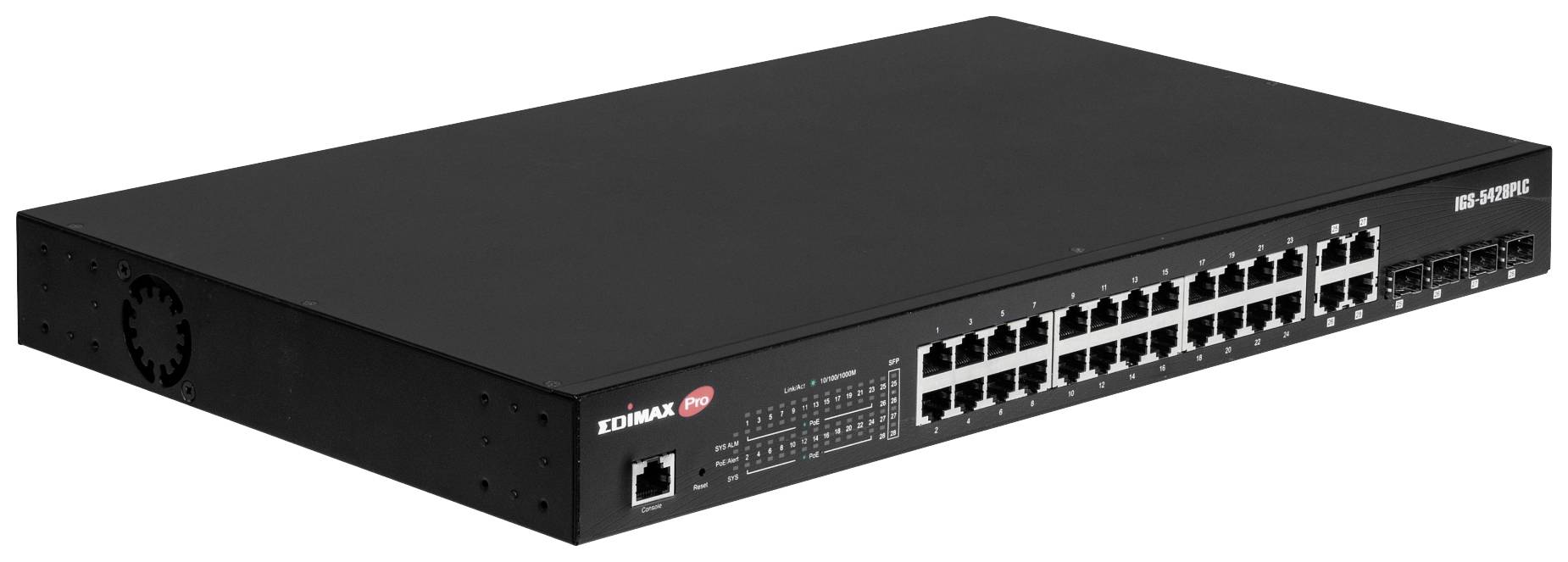 Črn mrežni stikalni element s 24 ethernetnimi priključki in 4 dodatnimi priključki na desni strani. Znamka 'EDIMAX' zgoraj levo.