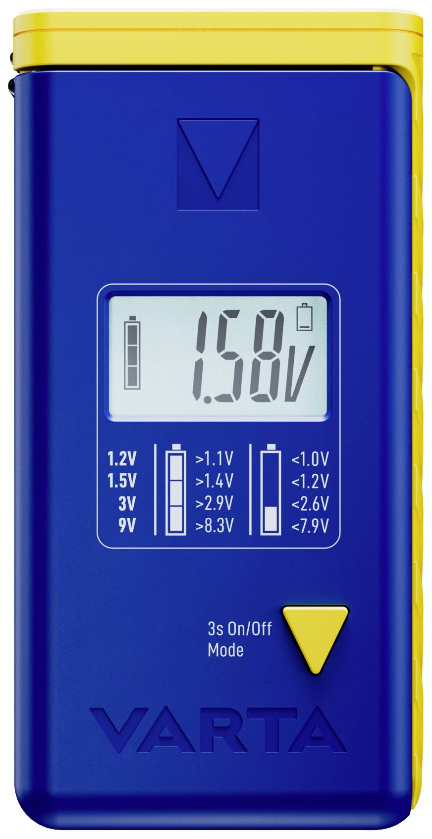 Tester baterij na zaslonu prikazuje napetost 1,58 volt. Gumbi za različne vrste baterij so vidni.