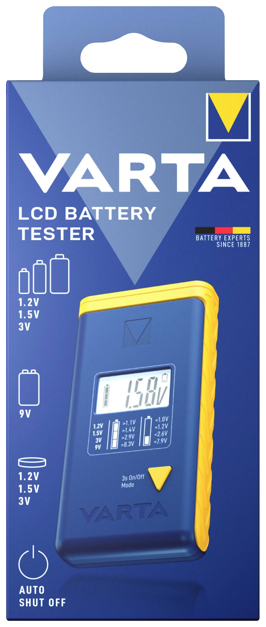 Embalaža testerja baterij znamke Varta z LCD zaslonom za preverjanje stanja baterij z napetostjo 1,2 V, 1,5 V, 3 V in 9 V.