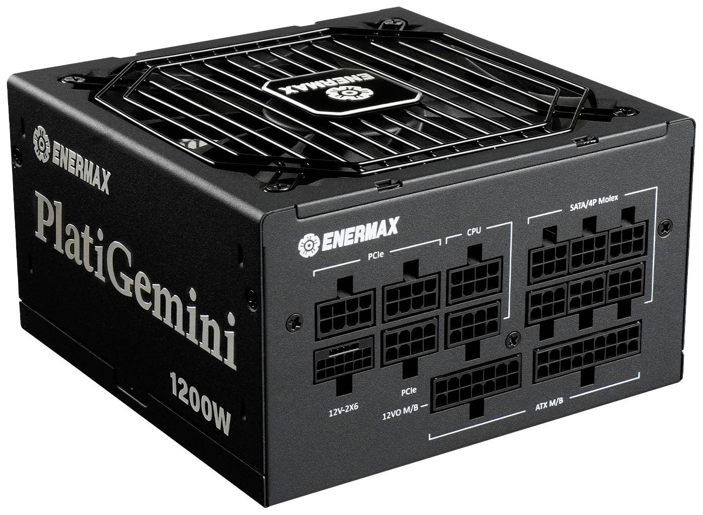 'Črni Enermax PlatiGemini 800W napajalnik z večimi modularnimi priključki, prezračevano zgornjo stranjo in blagovno znamko.'