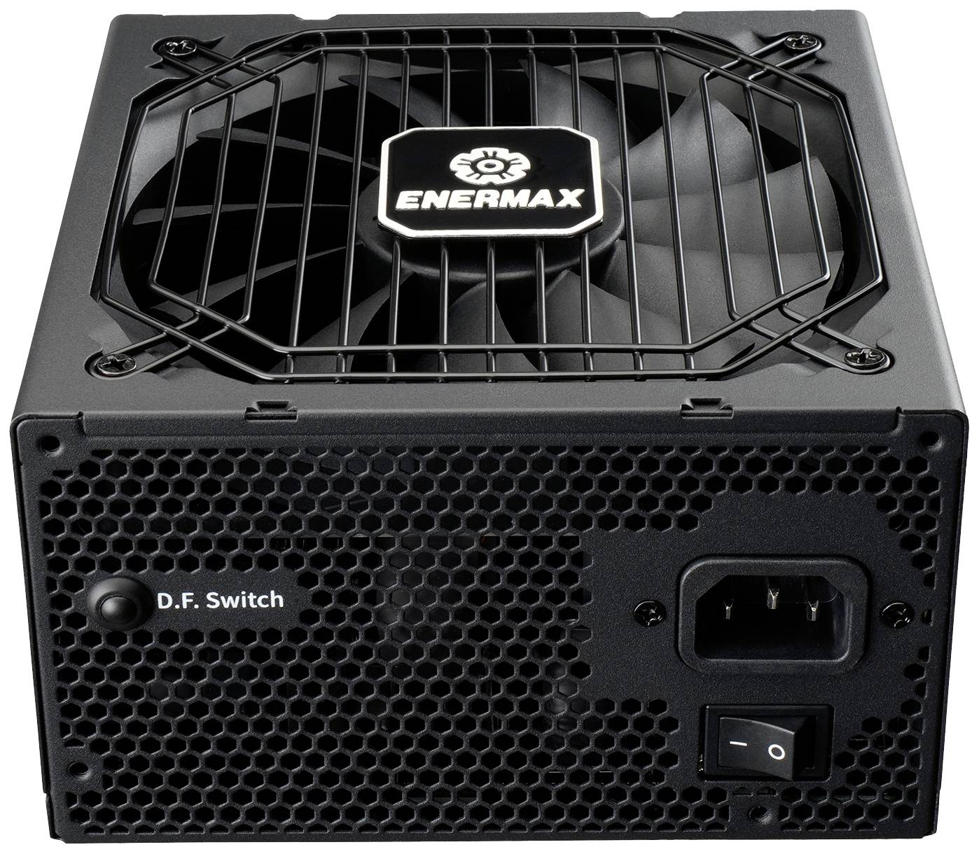 'ENERMAX' napajalnik z ventilatorjem, mrežnim stikalom in 'D.F. Switch' na zadnji strani.