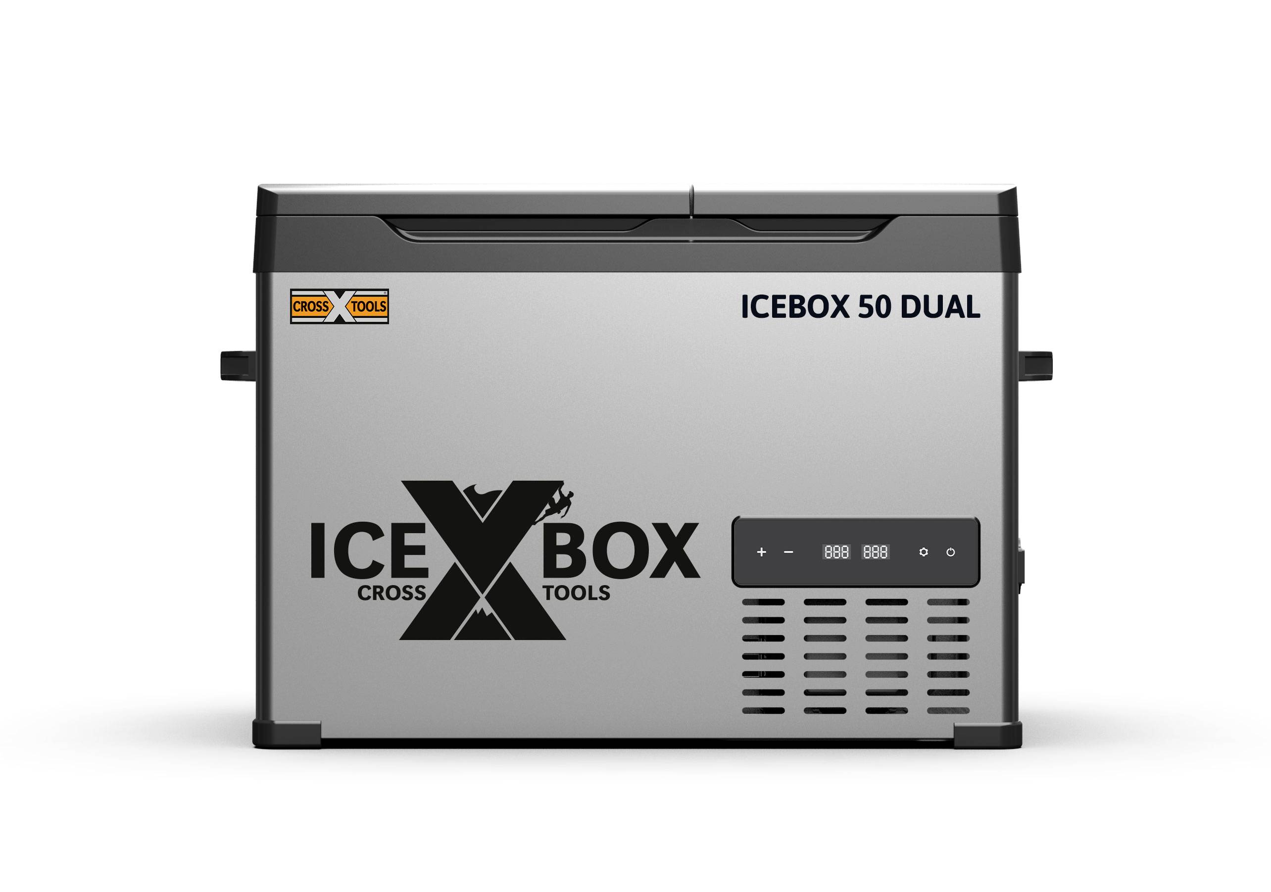 'ICEBOX 50 DUAL' hladilnik znamke Cross Tools, pogled od spredaj. Srebrno ohišje s črnim logotipom in upravljalnimi elementi.