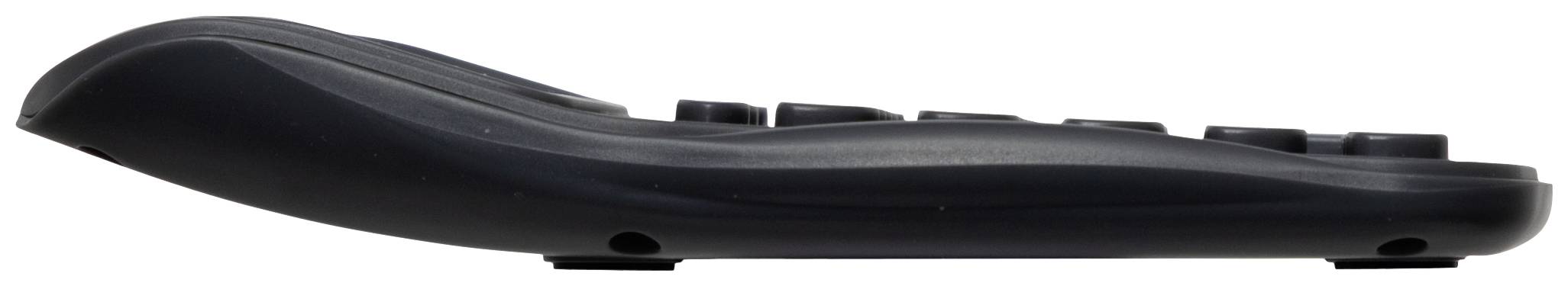 Daljinski upravljalnik v stranskem pogledu; prikazuje ploščat, ergonomski dizajn brez vidnih gumbov ali zaslonov.