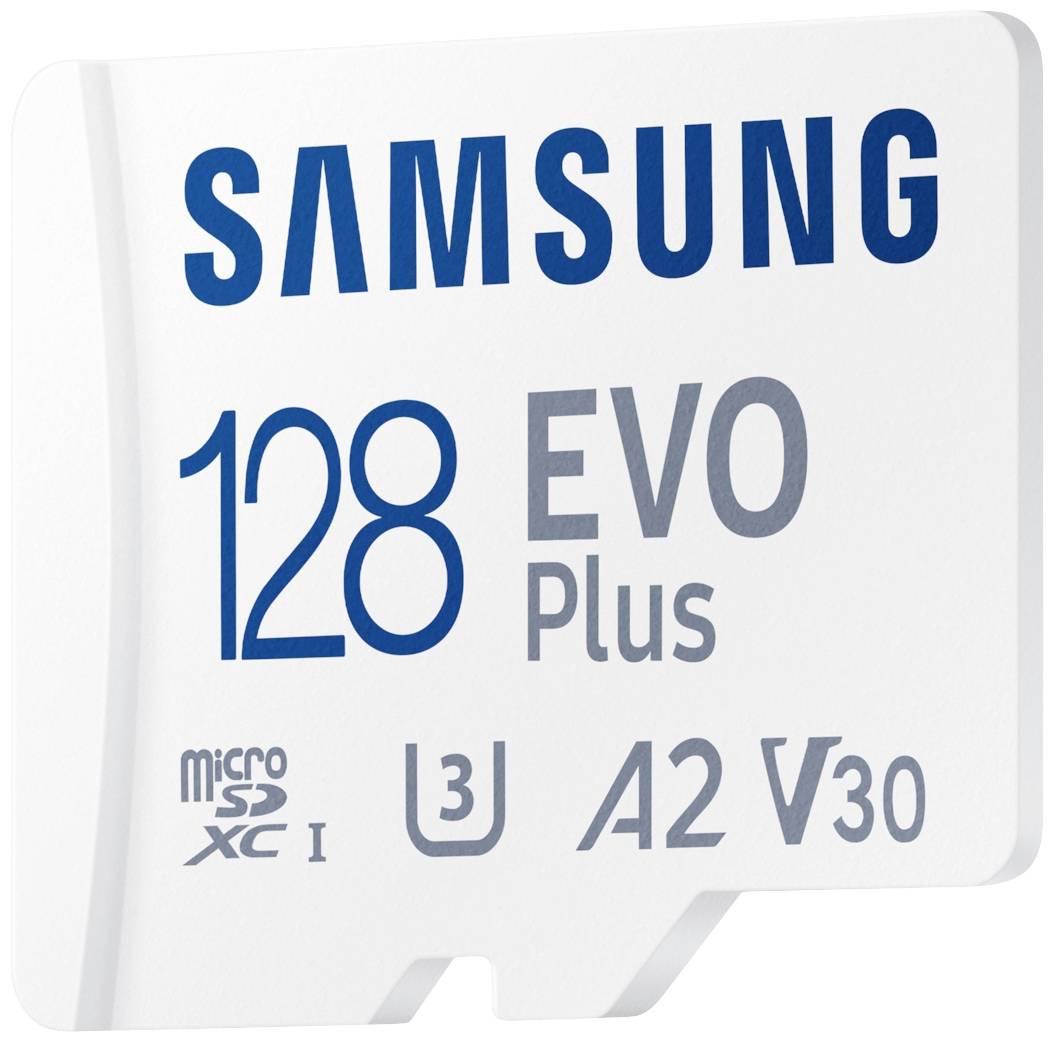 Samsung microSD kartica s 128 GB, EVO Plus model, razred U3, za hitro prenos podatkov in visoko zmogljivost shranjevanja.