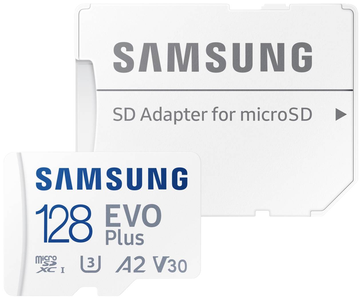 'Samsung 128GB EVO Plus microSD kartica in adapter. Podpira hitrostni razred A2 V30. Primerno za razširitev pomnilnika.'