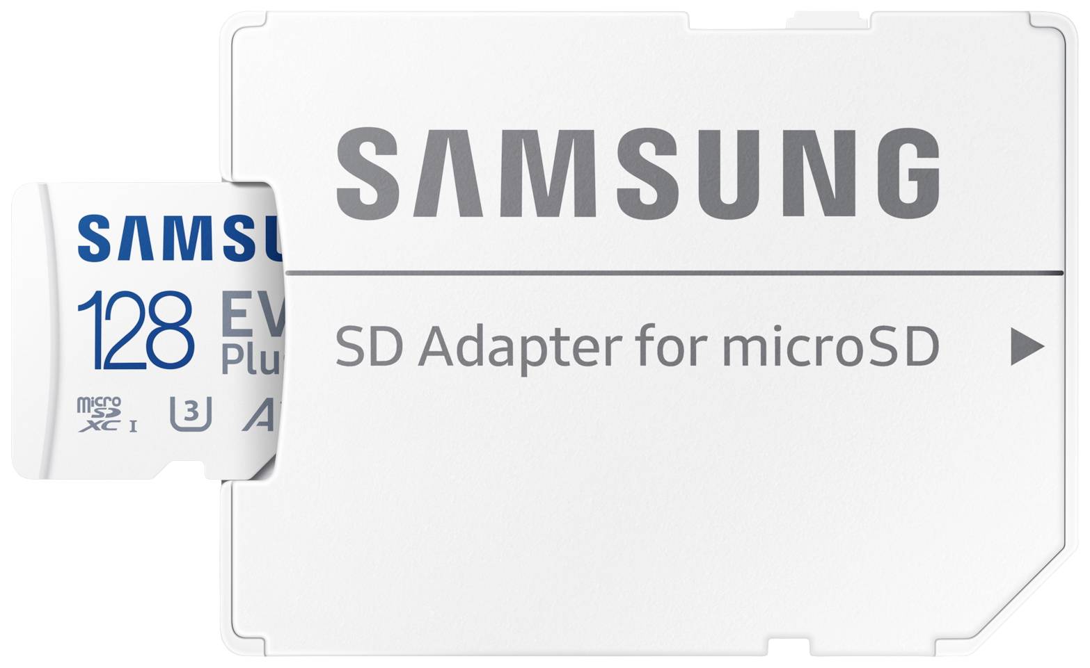 Samsung microSD kartica s 128 GB kapacitete in adapterjem za SD-reže. Primerna za razširitev pomnilnika v napravah.